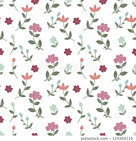 Ditsy floral seamless pattern with spring meadow flowers on white background. Ditsy floral seamless pattern with spring meadow flowers on white background. 124369116