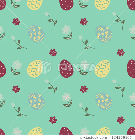 Cute Easter seamless pattern with easter eggs and spring meadow flowers. 124369165