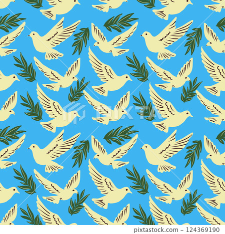Vector seamless pattern with white pigeons carryng an olive  branch, symbol of peace. 124369190