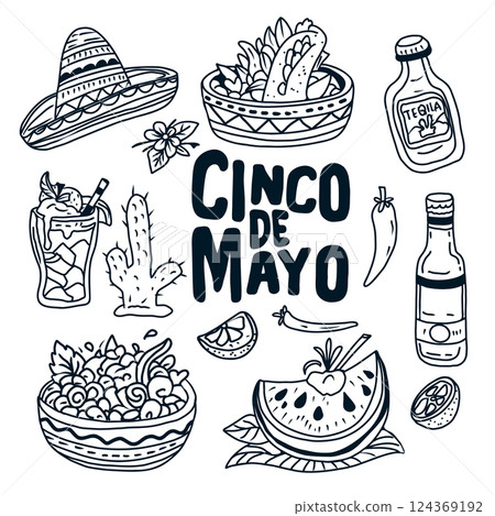 Hand drawn vector set of Sinco de Mayo illustrations. Tequila, sombrero, cactus, quesadilla, lettering Cinco de Mayo. 124369192