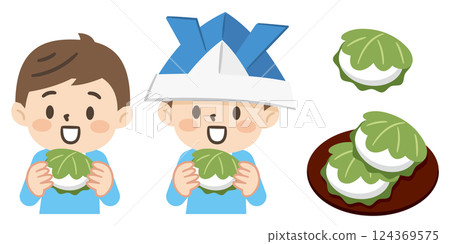 一個男孩吃柏餅的插圖集 124369575