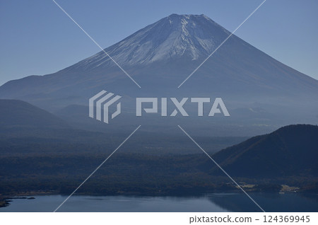 Mount Fuji with its first snowfall, seen from Nakanokura Pass Observatory in the Tenshi Mountains Mount Fuji with its first snowfall, seen from Nakanokura Pass Observatory in the Tenshi Mountains 124369945
