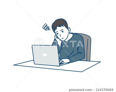 Illustration of a young man in trouble in front of a laptop 124370084