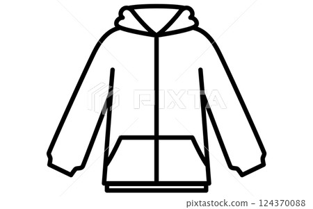 連帽拉鍊連帽衫，服裝的簡單線條圖示（黑色和白色） 124370088
