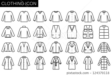 冬季服裝的簡單線條圖標，例如長袖襯衫、夾克和外套（黑色和白色） 124370118