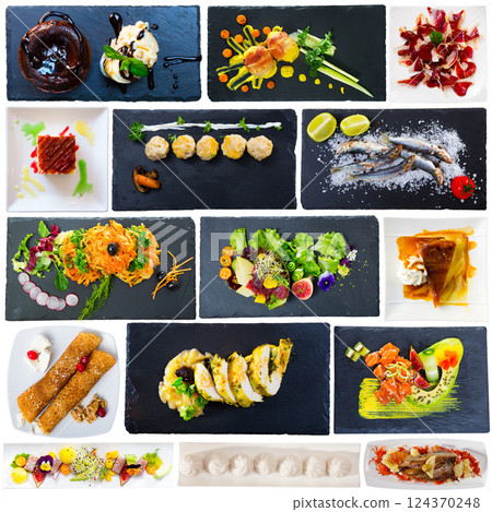 Collection of dishes on square plates 124370248