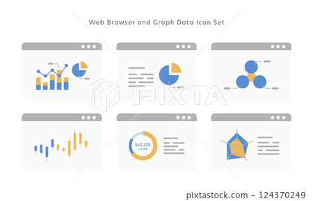 Vector icon set of graphs displayed on a web browser screen (flat design) 124370249