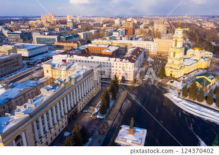 Aerial view of the Christ-Nativity Cathedral and residential areas in winter in Lipetsk Aerial view of the Christ-Nativity Cathedral and residential areas in winter in Lipetsk 124370402
