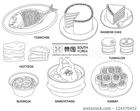 韓國食品線描插圖集_單色 124370432