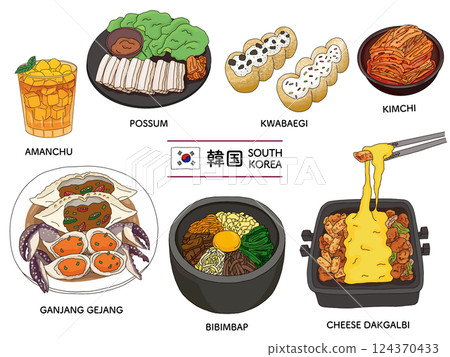 韓國食品線描插圖集 124370433