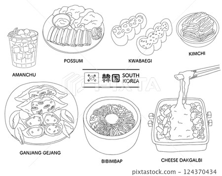 韓國食品線描插圖集_單色 124370434