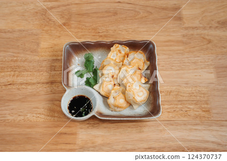 meat ravioli with soy sauce. Delicious freshly prepared meal, perfect for menus, restaurants, or food delivery concepts. meat ravioli with soy sauce. Delicious freshly prepared meal, perfect for menus, restaurants, or food delivery concepts. 124370737