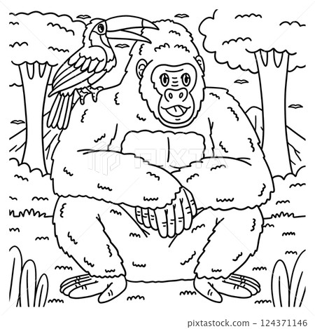 Gorilla Animal and Toucan Coloring Page for Kids  124371146