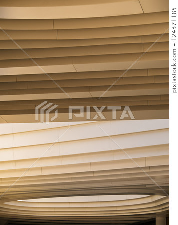 Architecture details Metal cladding ceiling Line pattern Gradation color monochrome Architecture details Metal cladding ceiling Line pattern Gradation color monochrome 124371185