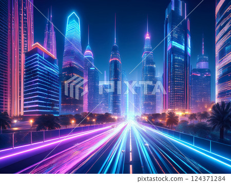 夢幻般閃亮的未來城市夜景，近未來的城市景觀 124371284