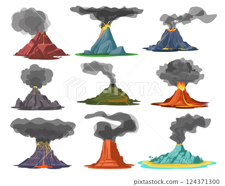 Active volcanoes. Eruptions lava, fire, smoke, mountain rock crater exploding, red hot liquid ejection, earth bowels, landscape element cartoon flat style isolated qualitative vector set 124371300