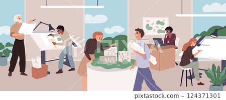 Architect office. Professionals work, workplaces with drawings, designs and layouts, buildings and houses designers, men and women cartoon flat style isolated garish vector concept 124371301