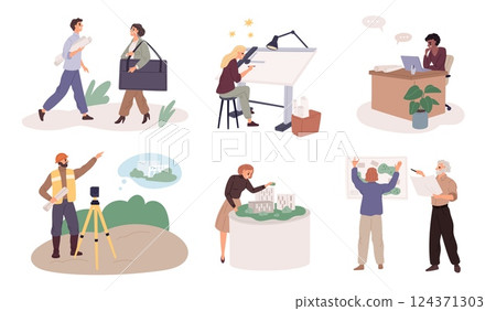 Architects professionals. People design buildings and houses, drawings and layouts, planning, development, approval, construction workers, cartoon flat style isolated garish vector set 124371303