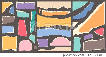 Cardboard cut pieces. Zine culture, torn paper, colorful collage workpieces, random shapes, careless fragments, scrapbook, abstract fragments cartoon flat style isolated classy vector set Cardboard cut pieces. Zine culture, torn paper, colorful collage workpieces, random shapes, careless fragments, scrapbook, abstract fragments cartoon flat style isolated classy vector set 124371309