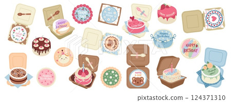 Cartoon bento cakes. Sweet mini pastry, asian small desserts, sugar and fruit biscuits in boxes, korean cheesecakes, birthday party delicious confectionery food, tidy vector isolated set Cartoon bento cakes. Sweet mini pastry, asian small desserts, sugar and fruit biscuits in boxes, korean cheesecakes, birthday party delicious confectionery food, tidy vector isolated set 124371310