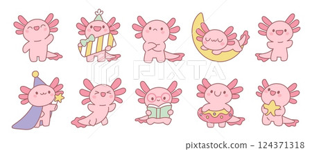 Cute axolotl character. Funny newt, pink kawaii aquatic amphibian, cartoon salamander, kids mascot, different actions, funny reptile, tropical pet, stickers collection, garish vector set Cute axolotl character. Funny newt, pink kawaii aquatic amphibian, cartoon salamander, kids mascot, different actions, funny reptile, tropical pet, stickers collection, garish vector set 124371318