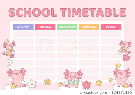 Cute pink axolotls schedule. Kids weekly planner template, school notes, funny kawaii mascot, newt, funny salamander, typographic template cartoon flat isolated garish vector concept Cute pink axolotls schedule. Kids weekly planner template, school notes, funny kawaii mascot, newt, funny salamander, typographic template cartoon flat isolated garish vector concept 124371320
