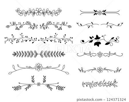 Decorative vintage dividers. Floral retro ornaments, old books classic design element, linear curved borders, calligraphy outline objects, hand drawn line isolated graphic decent vector set 124371324