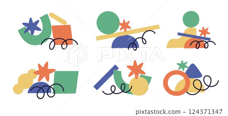 Geometric abstract shapes. Color pieces compositions, layering of elements, collage application objects, balance search, minimalistic background, isolated garish vector contemporary set 124371347