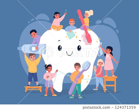 Large tooth with tiny kids. Little children clean big smiling tooth, oral hygiene care, caries prevention, dentist, boy hold toothbrush cartoon flat isolated illustration, classy vector concept Large tooth with tiny kids. Little children clean big smiling tooth, oral hygiene care, caries prevention, dentist, boy hold toothbrush cartoon flat isolated illustration, classy vector concept 124371359