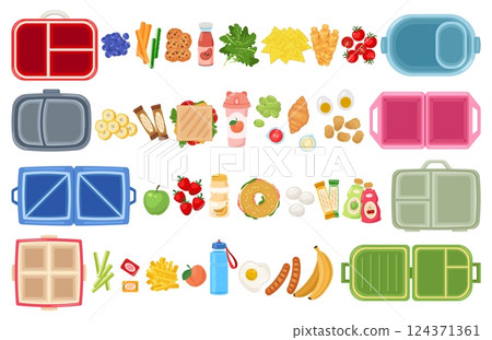 Lunchbox kit. Children snack pack, homemade lunch ingredients, eating on go, fruits, vegetables and sandwiches, empty plastic containers, cartoon flat style isolated recent vector concept Lunchbox kit. Children snack pack, homemade lunch ingredients, eating on go, fruits, vegetables and sandwiches, empty plastic containers, cartoon flat style isolated recent vector concept 124371361