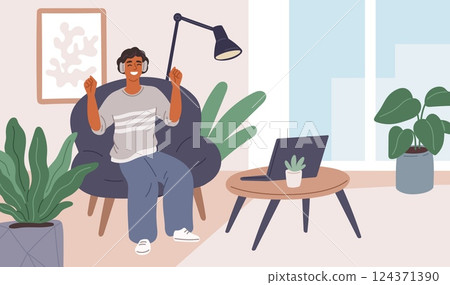 People listen music at home. Happy guy in headphones sitting in armchair, young meloman, joyful man enjoying melody, modern interior, cartoon flat style isolated garish vector concept 124371390
