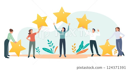 People rate. Consumers feedback, five rating stars, product satisfaction, service review, clients evaluating, tiny persons with stars, cartoon flat style isolated decent vector set 124371391