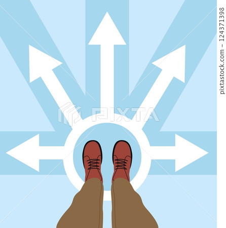 Person is faced with choice of direction. Man chooses path. Alternative opposite roads. Businessman legs top view making difficult decision. Cartoon flat style isolated vector concept 124371398