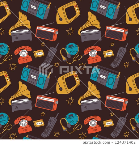 Retro gadgets. Vintage electronic devices, 90s technology, mobile phone, gamepad console, old vinyl record player, radio and television, wrapping, wallpaper. Cartoon flat garish vector print 124371402