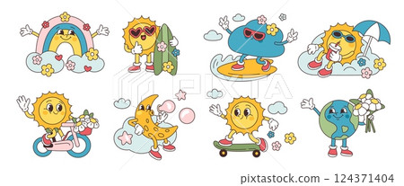 Retro weather characters. Funny groovy mascots with smiling faces, feet and hands, suns, cloud and rainbow, earth and moon, stickers collection, cartoon flat isolated garish vector set 124371404