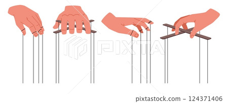 Set invisible puppeteers hands. Arms manipulating, different sides view, character hand with strings. Control marionettes. Domination symbol. Cartoon flat style isolated vector concept 124371406