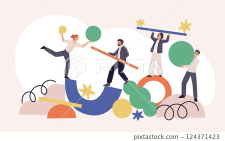 Team abstract geometric shapes. People group balancing on abstract figures, trying find stability, creativity process, partnership colleague cartoon flat isolated garish vector concept 124371423