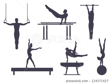 Set silhouettes athletes. Men and women professional gymnasts. Acrobat on sport competition. Strong people with ball and rings. Acrobatic performance icons. Vector isolated set 124371427