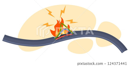 Short circuit in wire with flame. Electrical cord with fire and sparks. Broken voltage cable, digital situation, accident disconnect equipment. Cartoon flat style isolated vector concept 124371441