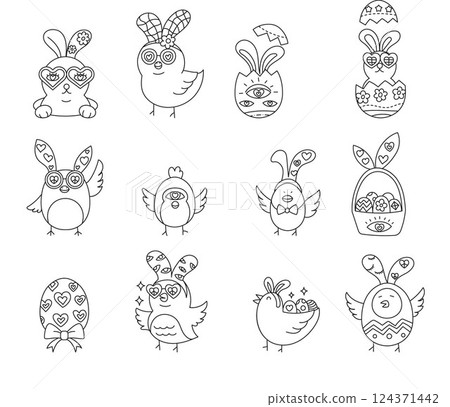 doodle groovy boho easter Easter-themed doodles featuring bunnies, eggs, and rainbows. in thin line style 124371442
