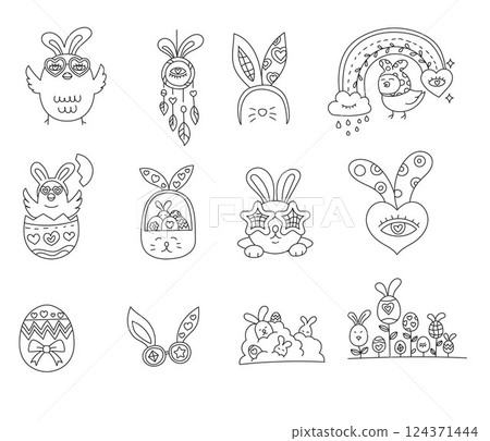 doodle groovy boho easter Easter-themed doodles featuring bunnies, eggs, and rainbows. in thin line style doodle groovy boho easter Easter-themed doodles featuring bunnies, eggs, and rainbows. in thin line style 124371444