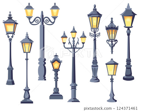 Vintage street lamps. Old city park light sources, cast iron forging elements, retro style gas lanterns, classic illumination gothic style, cartoon flat isolated illustration, decent vector set 124371461