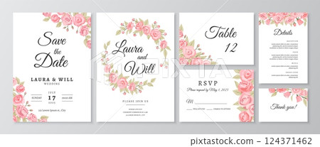 Wedding invitation with floral design. Pink delicate roses compositions, event banners template, beautiful flowers, botanical frames and borders, business cards, tidy vector isolated set 124371462