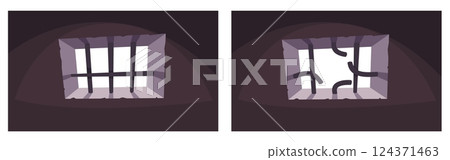 Whole and broken bars of prison window. Jail interior object. Damaged metal steel lattice. Escape jailbreak. Freedom for criminals symbol. Cartoon flat style isolated vector concept 124371463