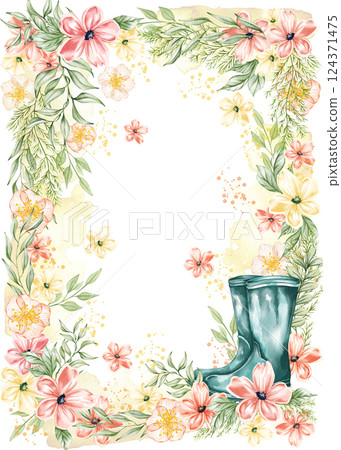 Watercolor floral border. Flower pink rose, green leaves. Wedding concept with flowers. Floral poster, invite. Spring wildflower arrangements for greeting card or invitation design. 124371475