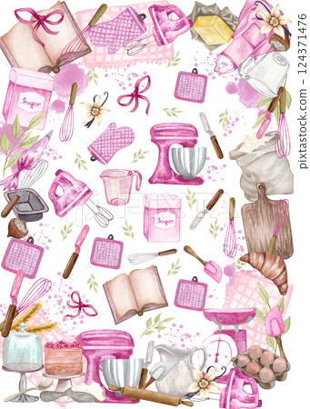 Watercolor bakery pattern background cards. Cooking, baking and sweets. 124371476