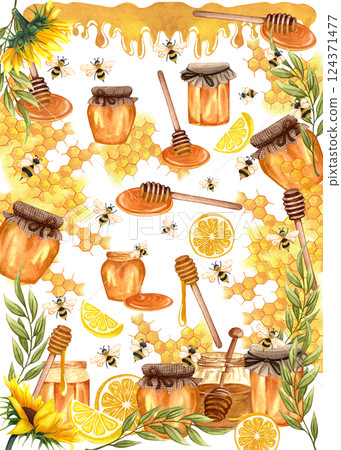 Watercolor honey pattern background cards. Cooking, baking and sweets. Watercolor honey pattern background cards. Cooking, baking and sweets. 124371477