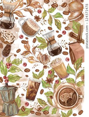 Watercolor coffee pattern background cards. Cooking, coffee and sweets. Watercolor coffee pattern background cards. Cooking, coffee and sweets. 124371478