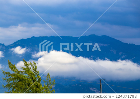 Mountain landscape mountains green fields forest clouds in Vorarlberg Austria. Mountain landscape mountains green fields forest clouds in Vorarlberg Austria. 124371798