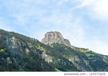 Mountain landscape mountains green fields forest clouds in Vorarlberg Austria. 124371820